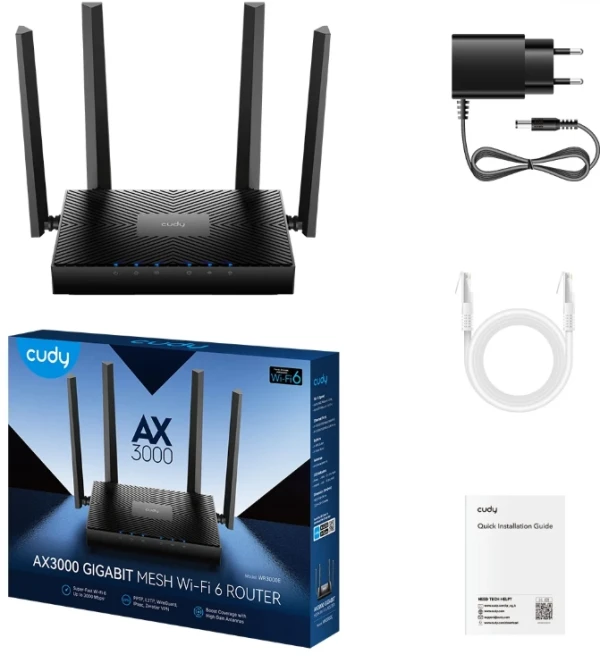 Cudy WR3000E,AX3000 Gigabit Mesh Wi-Fi 6 ruter V2.0,1.2 GHz dvojezgarni CPU, 2402 Mbps + 574 Mbps - Slika 2